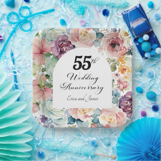 55e bruiloft Jubileum Elegant Script Floral Papieren Bordje (Feest)