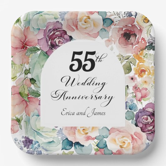55e bruiloft Jubileum Elegant Script Floral Papieren Bordje (Voorkant)
