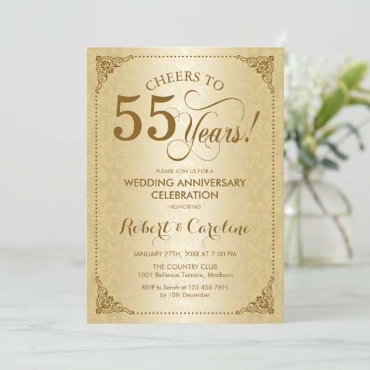 55e bruiloft Jubileum - Gold Damask Kaart (Staand voorkant)