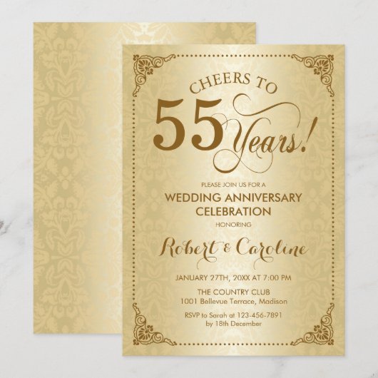 55e bruiloft Jubileum - Gold Damask Kaart (Voorkant / Achterkant)