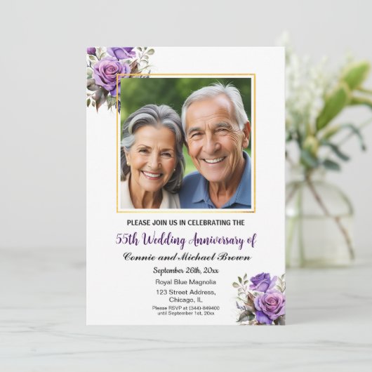 55e bruiloft Jubileum Goud Lijst Paarse Rozen Kaart (Staand voorkant)