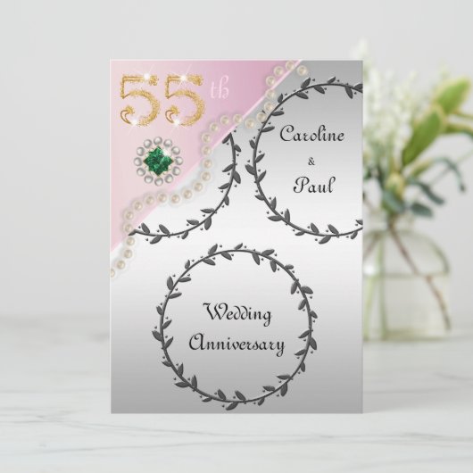 55e bruiloft Jubileum in reliëf van zilveren Roos Kaart (Staand voorkant)