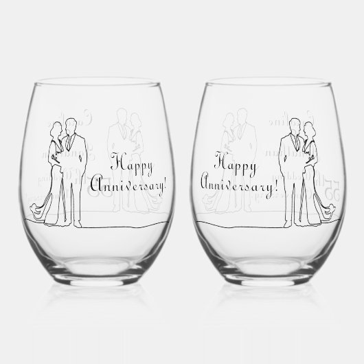 55e Emerald Wedding Jubileum Line Art Couple Wijnglas Zonder Voet (Achterkant)