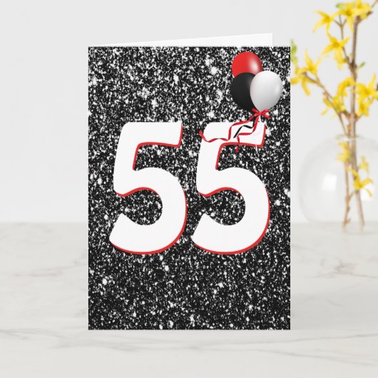 55e geboortedag ballonnen op zwarte Glitter Kaart (Gele Bloem)