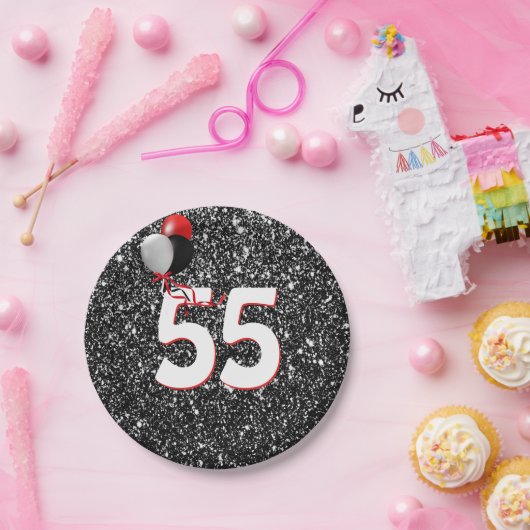 55e geboortedag ballonnen op zwarte glitter papieren bordje (Feest)