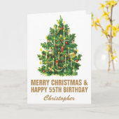 55e gelukkige verjaardag en vrolijke kerstboom kaart (Gele Bloem)