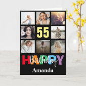 55e Gelukkige Verjaardag Fotocollage Modern Zwart Kaart (Gele Bloem)