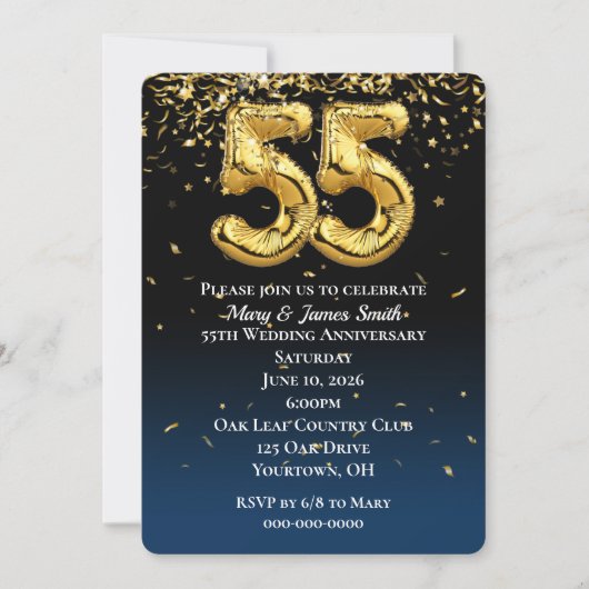 55e Jubileum Gold-ballonnen en Confetti Kaart (Voorkant)