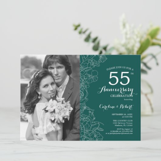 55e Jubileum met foto Emerald Green Floral Kaart (Staand voorkant)