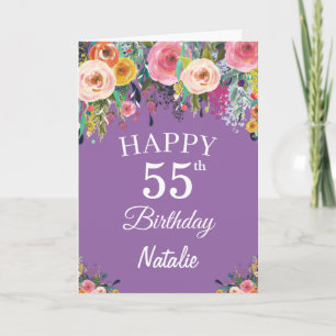 55e Verjaardag Aquarel Bloemen Paars Kaart