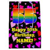 55e verjaardag: Beeldende harten patroon, regenboo Medium Cadeauzakje (Achterkant)