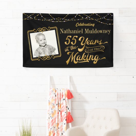 55e verjaardag bewerkbaar zwart en goud spandoek (Insitu)