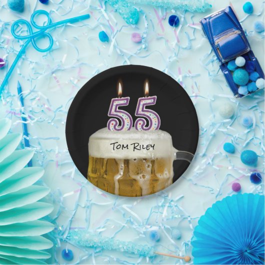 55e verjaardag bier met kaars papieren bordje (Feest)