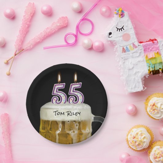 55e verjaardag bier met kaars papieren bordje (Feest)