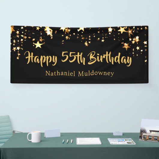 55e verjaardag borstel script zwart gouden sterren spandoek (Beurs)