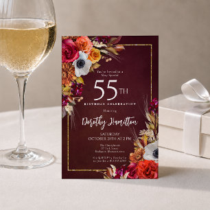 55e verjaardag Bourgondië Herfst Bloemen Elegante Kaart