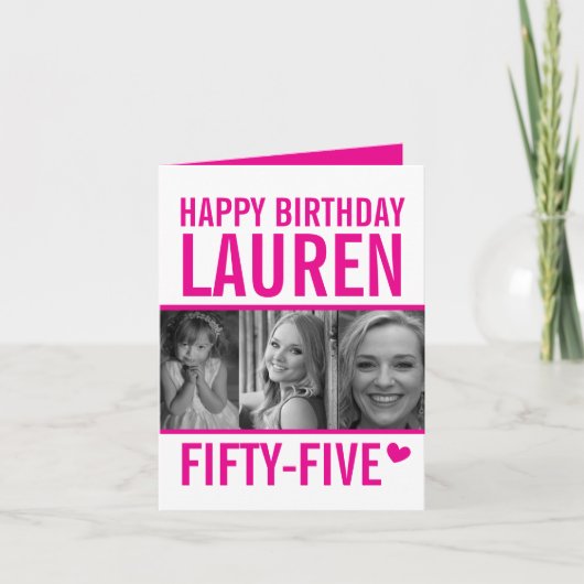 55e verjaardag drie foto's heet roze en wit kaart (Voorkant)