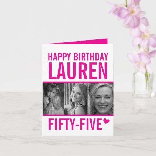 55e verjaardag drie foto's heet roze en wit kaart (Orchidee)