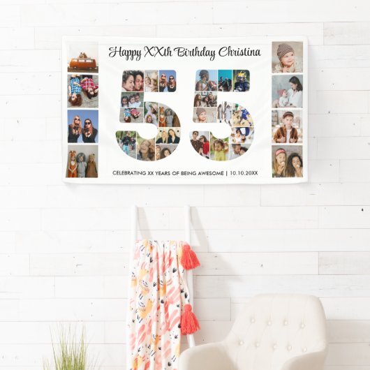 55e verjaardag feestnummer 55 fotocollage spandoek (Insitu)