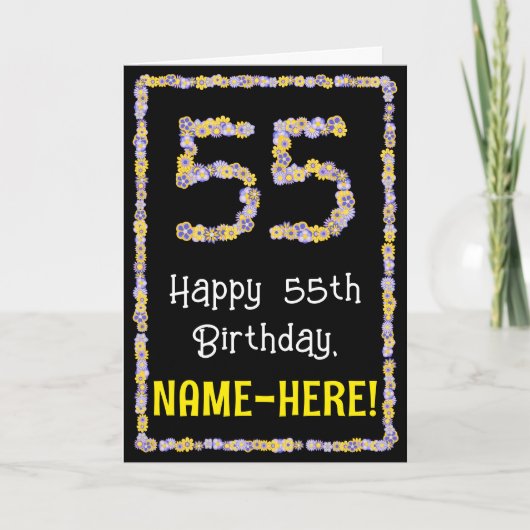 55e verjaardag: Floral Flowers Number, Custom Name Kaart (Voorkant)