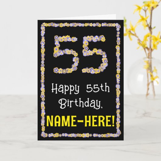 55e verjaardag: Floral Flowers Number, Custom Name Kaart (Gele Bloem)