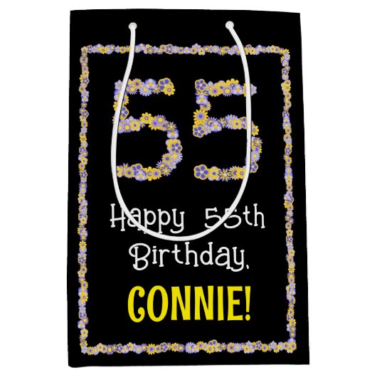 55e verjaardag: Floral Flowers Number, Custom Name Medium Cadeauzakje (Voorkant)