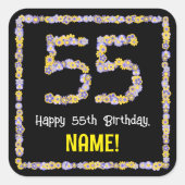 55e verjaardag: Floral Flowers Number, Custom Name Vierkante Sticker (Voorkant)