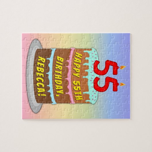 55e verjaardag: Fun Cake and Candles + Custom Name Legpuzzel (Horizontaal)