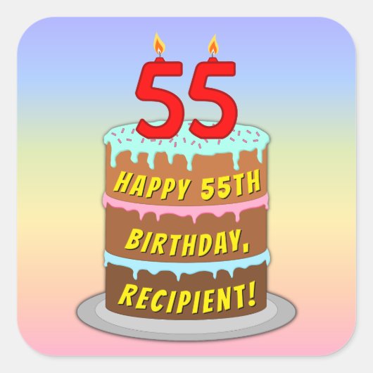 55e verjaardag: Fun Cake and Candles + Custom Name Vierkante Sticker (Voorkant)