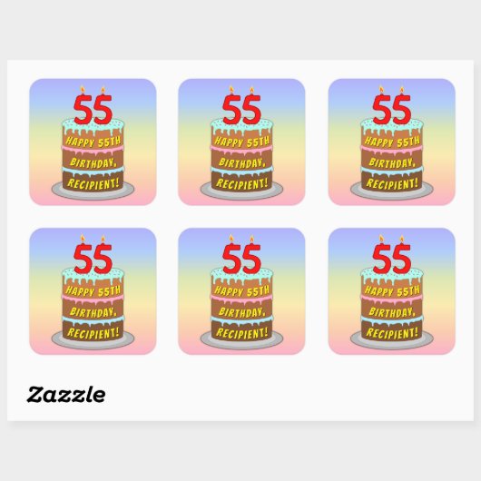 55e verjaardag: Fun Cake and Candles + Custom Name Vierkante Sticker (Vel)