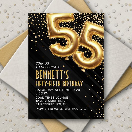 55e verjaardag Gold Black Invitation Kaart