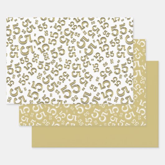 55e verjaardag Gold/White Random Number Pattern 55 Inpakpapier Vel (Set)