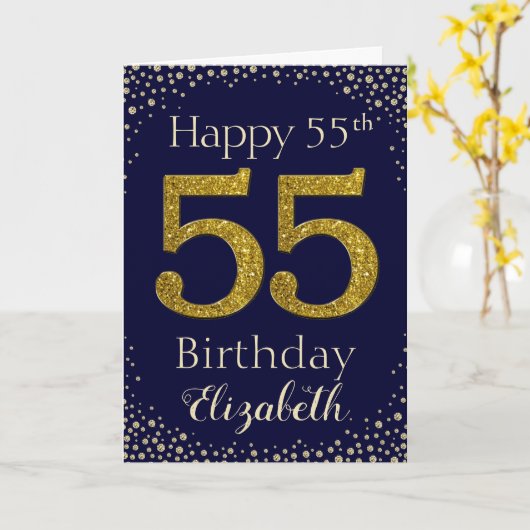 55e verjaardag Golden Glitter Kaart (Gele Bloem)