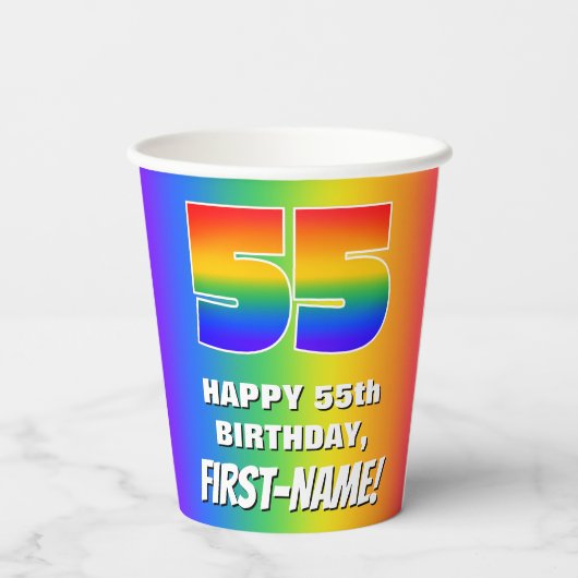 55e verjaardag: kleurrijk, vun regenboogpatroon #  papieren bekers (Achterkant)