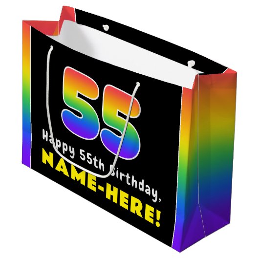 55e verjaardag: kleurrijke regenboog # 55, Naam va Groot Cadeauzakje (Voorkant Gekanteld)