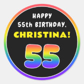 55e verjaardag: kleurrijke regenboog # 55, Naam va Ronde Sticker (Voorkant)