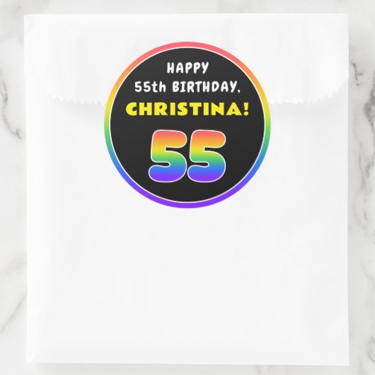 55e verjaardag: kleurrijke regenboog # 55, Naam va Ronde Sticker (Tas)