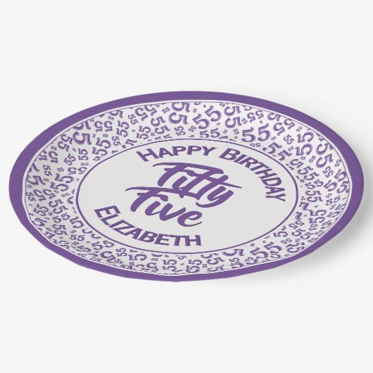 55e Verjaardag Koel Nummerpatroon Paarse/Wit Papieren Bordje (Gekanteld)