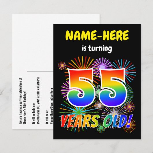 55e verjaardag - Leuk vuurwerk, Rainbow Look "55" Briefkaart (Voorkant / Achterkant)