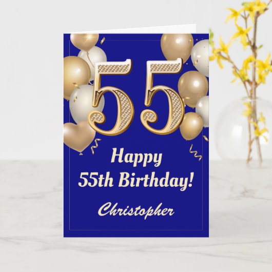55e verjaardag marinenblauw en gouden ballonnen Co Kaart (Gele Bloem)
