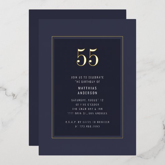 55e Verjaardag Minimaal Elegant Donkergoud Lijst Folie Uitnodiging (Voorkant / Achterkant)