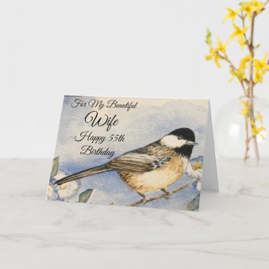 55e verjaardag Mooie vrouw  Chickadee Kaart (Gele Bloem)