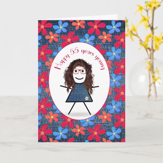 55e verjaardag op denim kaart (Gele Bloem)