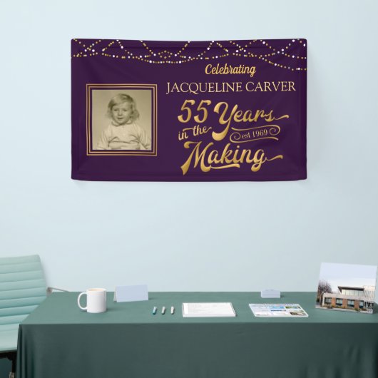 55e verjaardag Paarse en gouden foto Spandoek (Beurs)