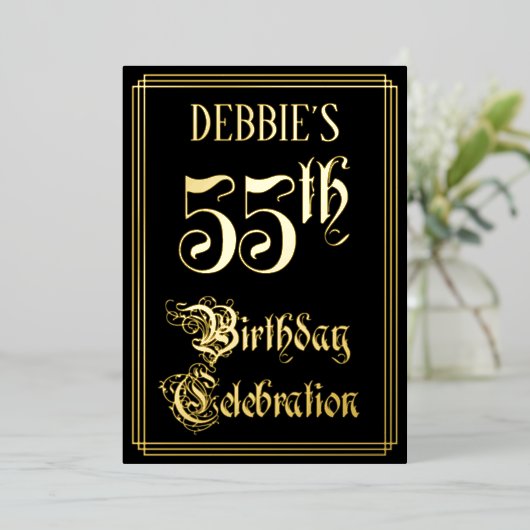 55e verjaardag Partij — Fancy Manuscript & Naam va Folie Uitnodiging (Staand Voorkant)