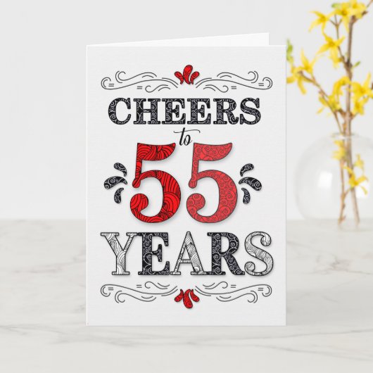 55e verjaardag Proost in rood wit zwart patroon Kaart (Gele Bloem)
