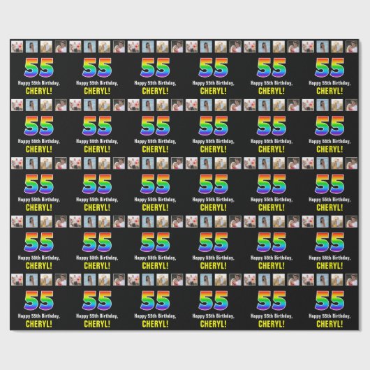 55e verjaardag: Regenboog "55"; Aangepaste foto's  Cadeaupapier (Vlak)