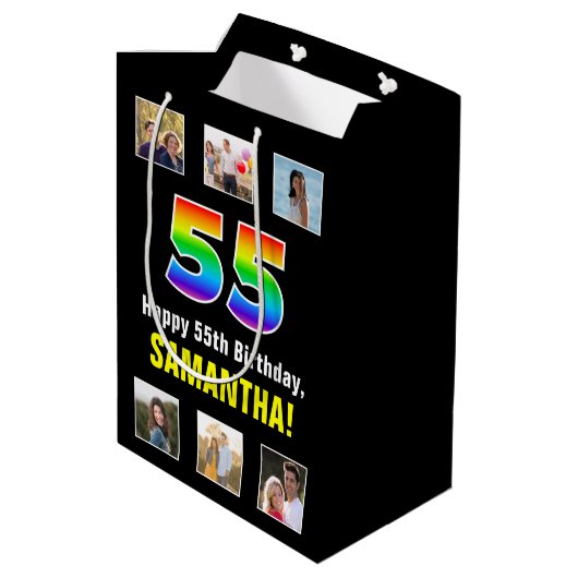 55e verjaardag: Regenboog "55", aangepaste foto's  Medium Cadeauzakje (Achterkant Gekanteld)