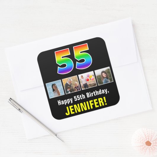 55e verjaardag: Regenboog "55"; Aangepaste foto's  Vierkante Sticker (Envelop)