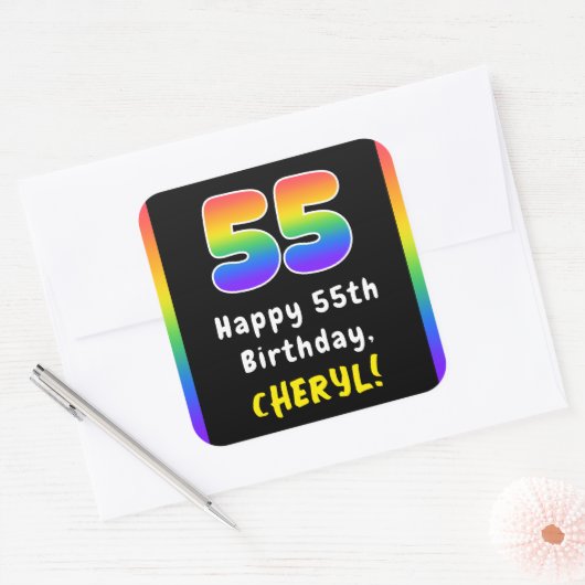 55e verjaardag: Regenboogspectrum # 55, Aangepaste Vierkante Sticker (Envelop)